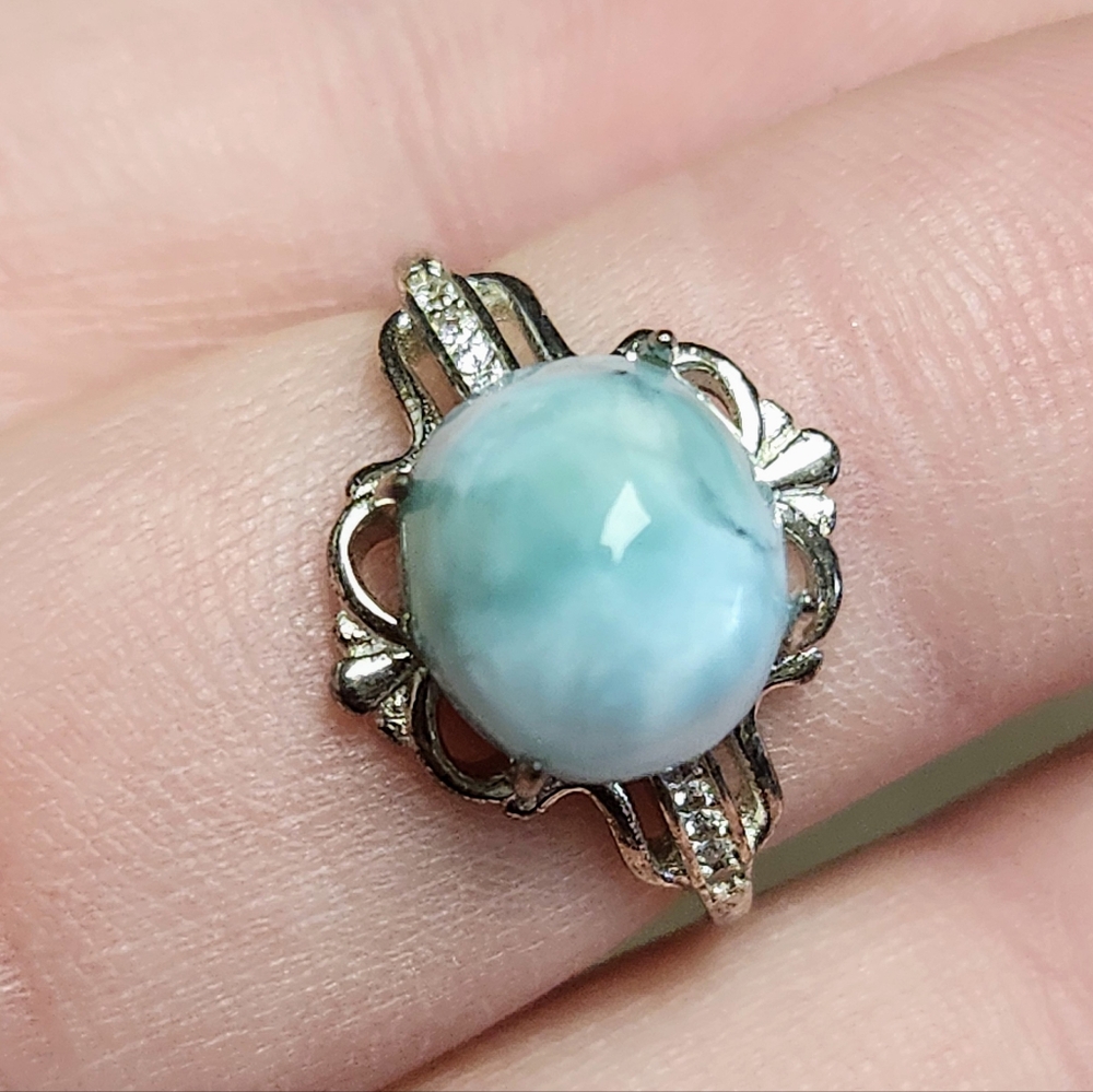 Genuine Larimar S925 Sterling Silver Adjustable Ring, Vintage Antiqued Style - Picture 9 of 11